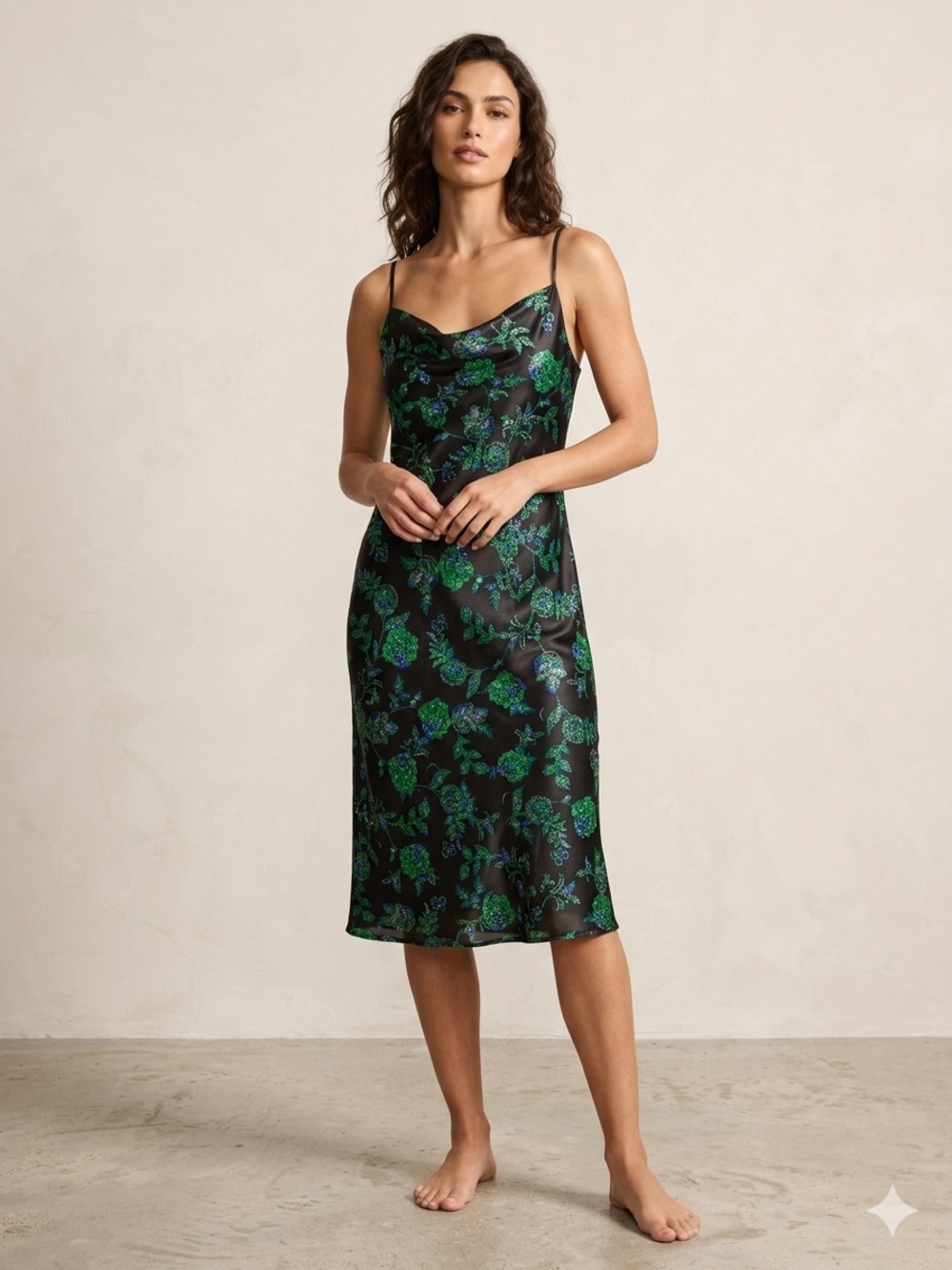 Emma & Michele Black Slip Midi Dress with Green Floral Print